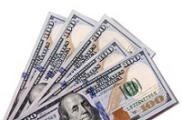 Fan of $100 dollar bills isolated against white with shadow.